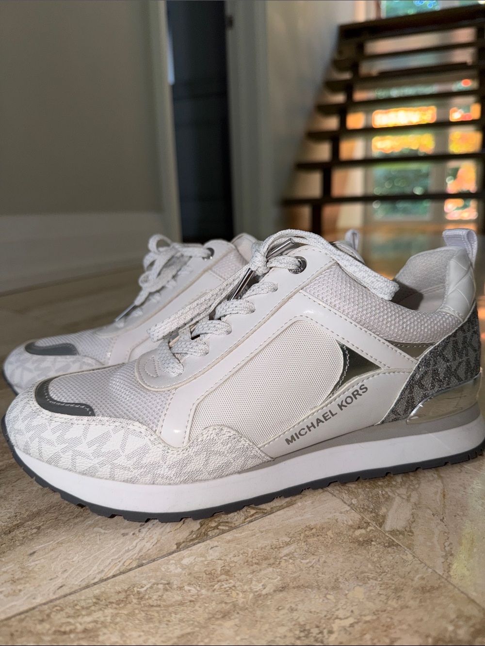 Michael Kors White and Silver Logo-Trim Athletic Sneakers